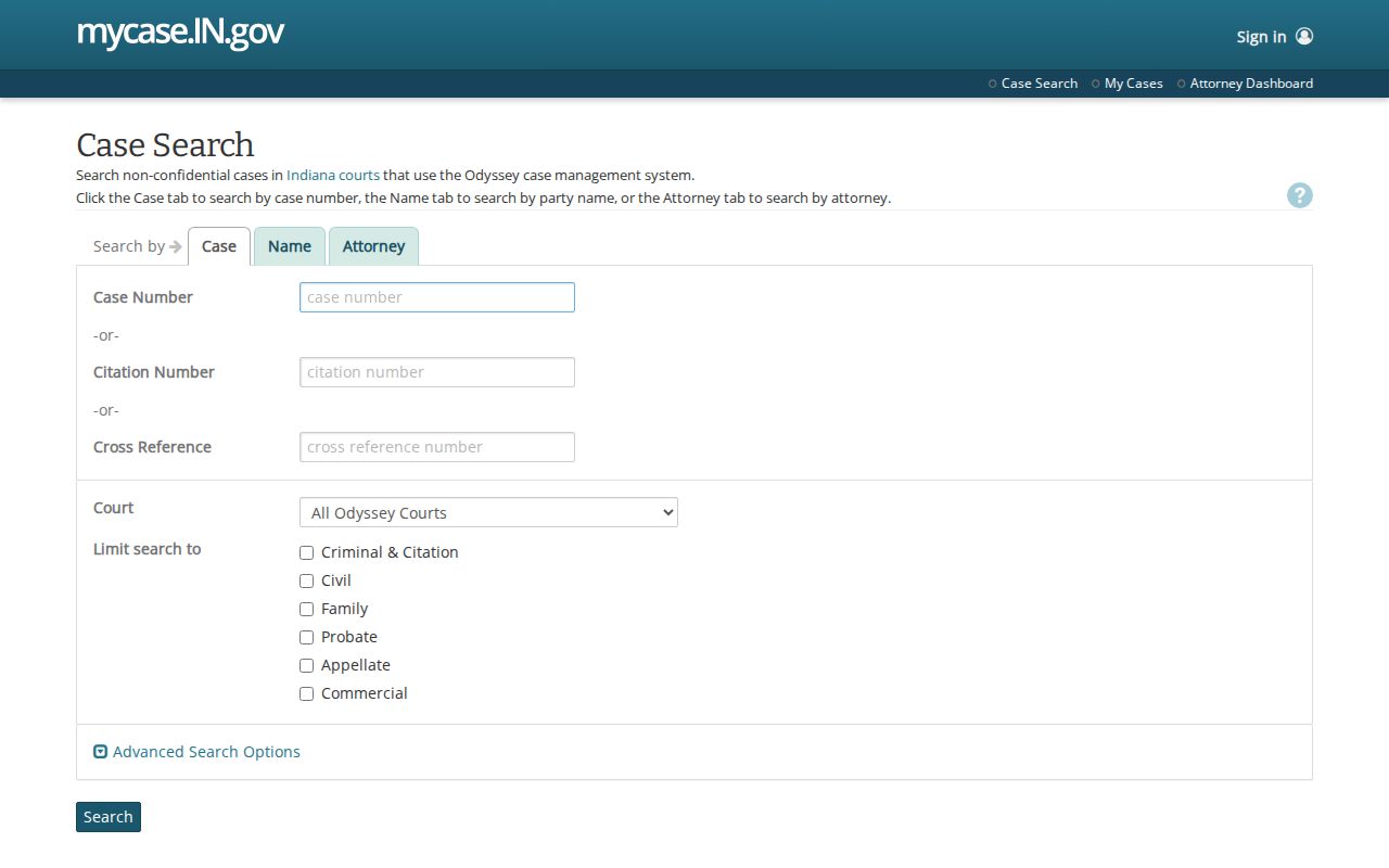 Starke County case search interface in Indiana MyCase