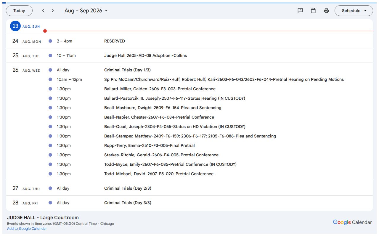 Starke County court calendar agenda for Judge Hall