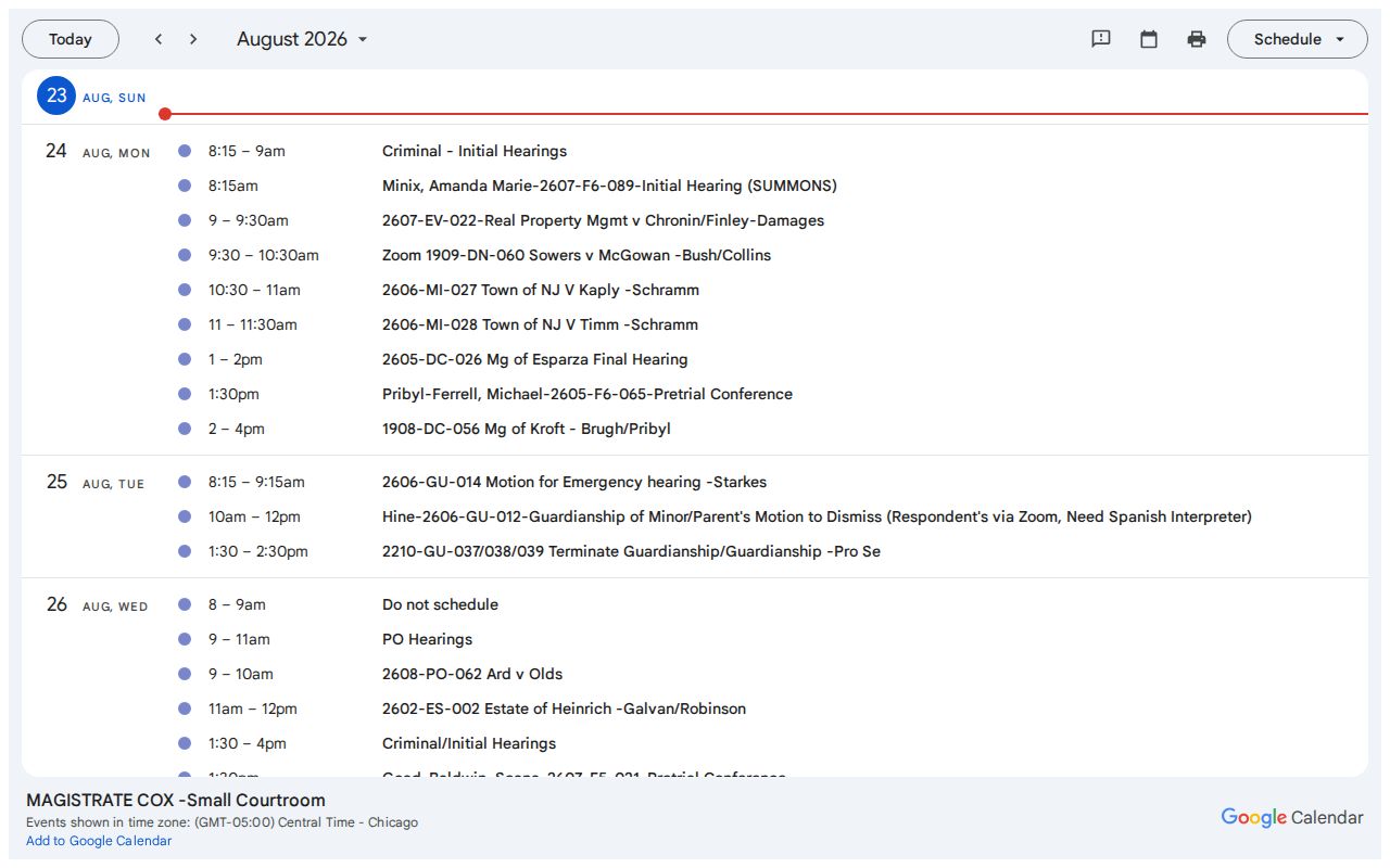 Starke County court calendar agenda for Magistrate Cox