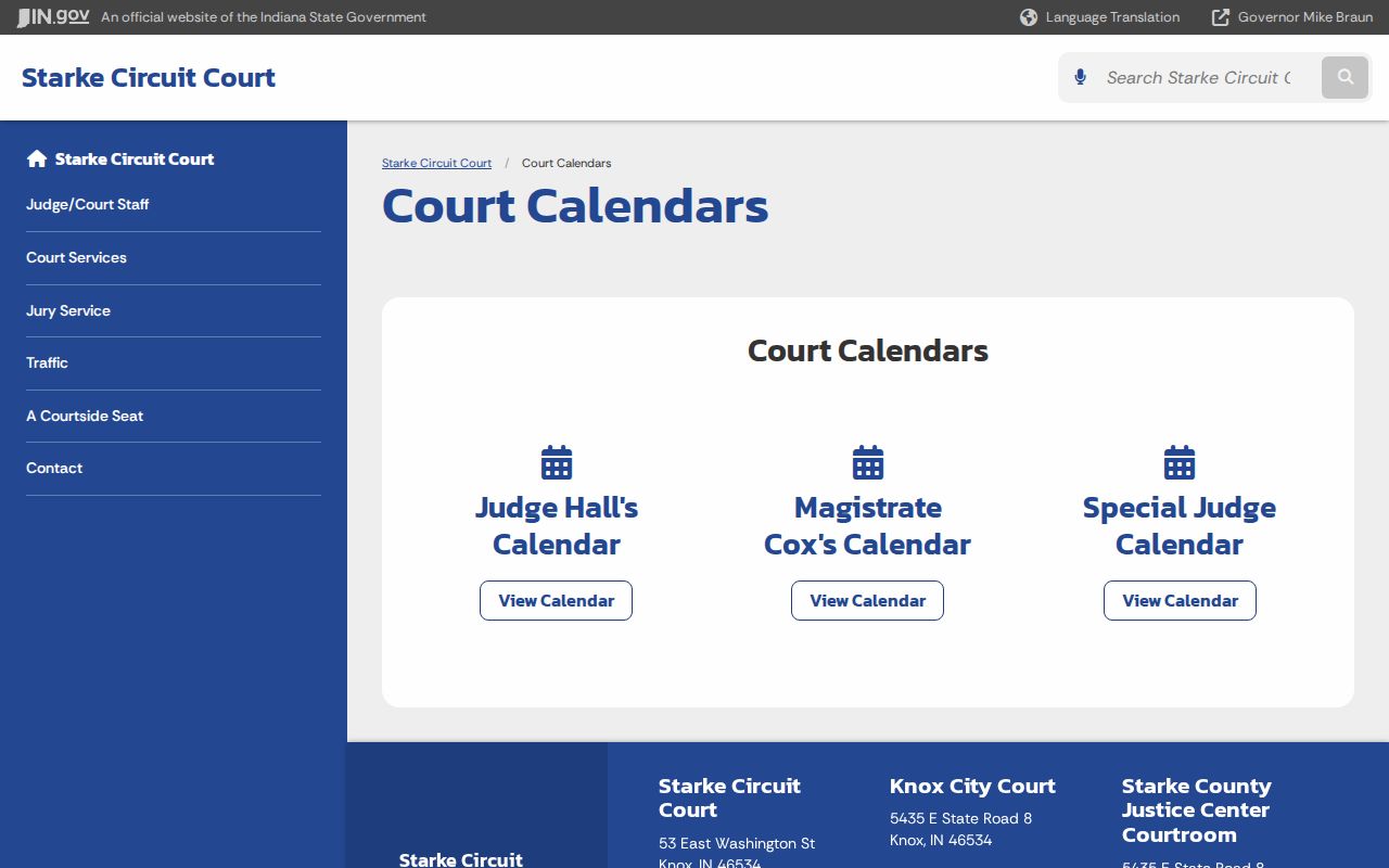 Starke County court calendar page with three judicial calendar links