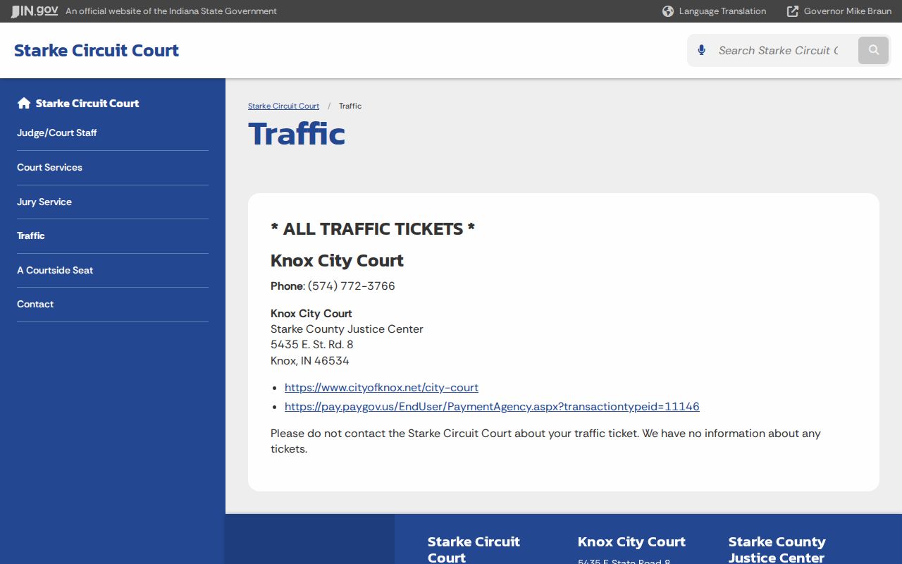 Starke County traffic court records Knox City Court routing notice